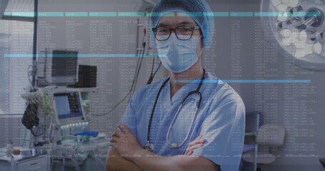 Poster - Image of data processing over asian male surgeon with face mask