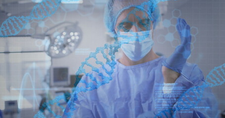 Poster - Image of data processing and dna strands over caucasian male surgeon with face mask