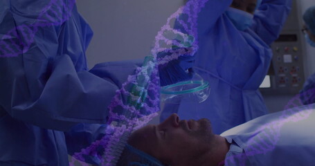 Poster - Image of dna strands over diverse surgeons during operation