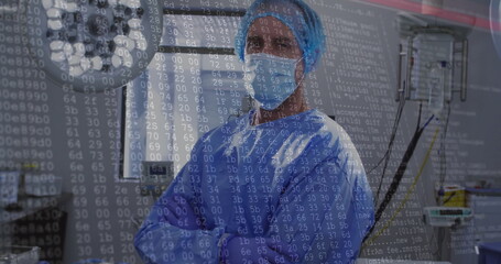 Poster - Image of data processing over caucasian male surgeon with face mask