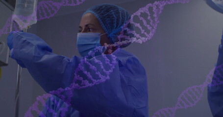Poster - Image of dna strands over diverse surgeons during operation
