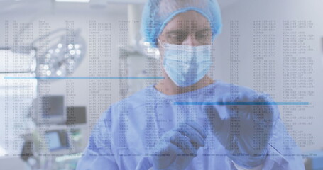 Poster - Image of data processing over caucasian male surgeon with face mask