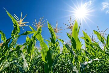 a close-up of corn stalks swaying in the wind, under a clear, bright sky with the sun shining overhe