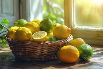 Wall Mural - Lemons in a Basket by a Window