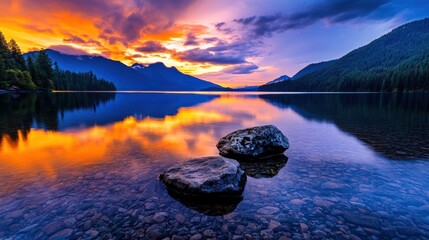 Wall Mural - Serene Sunset Over Calm Mountain Lake