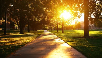 Canvas Print - A serene path lined with trees, illuminated by warm sunlight, creating a peaceful atmosphere for walking or relaxation.