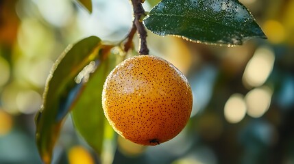 Close-up photo of a ripe fruit on a branch, showcasing its surface details.