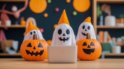 A festive Halloween scene featuring ghostly figures with pumpkin companions, all set against a colorful backdrop.