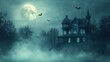 © Napasnan - Creepy Halloween night with a haunted house, full moon, and bats flying through the fog.