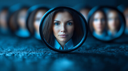 Poster - A woman's face is reflected in a circular mirror.