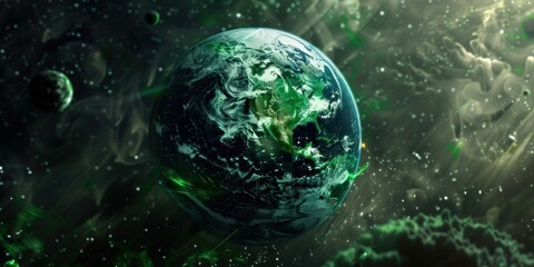 Wall Mural - planet earth seen from space with green light and space environment.
