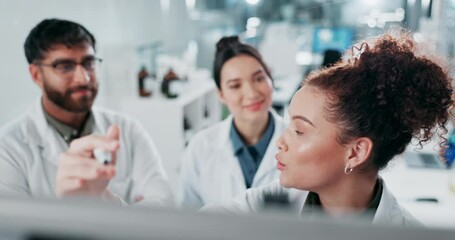 Sticker - Scientist, woman and presentation by whiteboard in lab for discussion, planning or research for medical innovation. People, team and man for training, info or review with diversity at pharma company