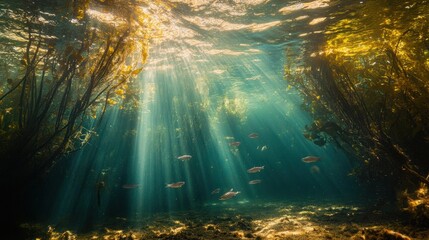 Wall Mural - Sunlight Beams Through Underwater Forest