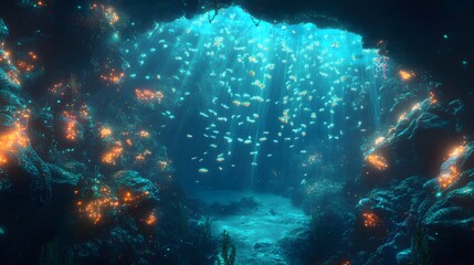 Wall Mural - 48. An underwater cave filled with glowing marine life