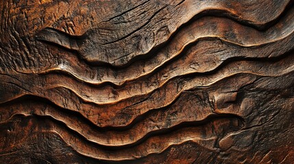 Wall Mural - A brown textured surface with a rugged, hand-carved wood finish, highlighting the natural grain and organic lines.