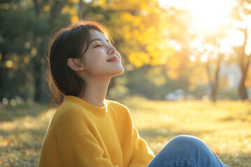 Japanese woman wearing yellow knitted sweatshirt in autumn park at sunny day