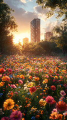 Wall Mural - A vibrant field of wildflowers blooms in the city.