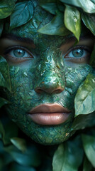 Wall Mural - Woman's face with green leaf makeup