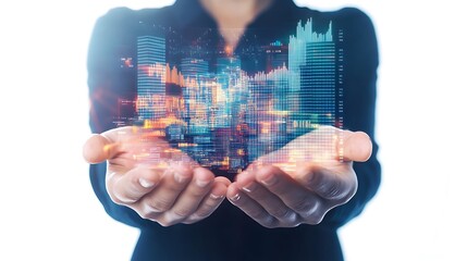 Aufkleber - Hands Holding Financial Portfolio with Digital Data Grids and Graphs in Double Exposure