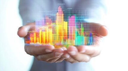 Aufkleber - Hands Holding Financial Portfolio with Digital Data Grids and Graphs in Double Exposure