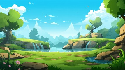 Wall Mural - Serene Cartoon Landscape with Waterfall, River, and Lush Greenery