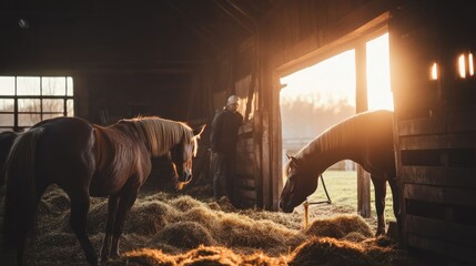 Poster - Horses in a Barn at Sunset