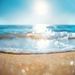 Wall Mural - Closeup of sandy beach and sea with bokeh light effect