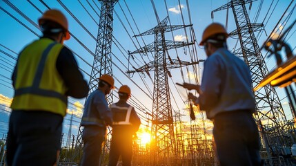 Power grid workers maintaining infrastructure while equity firm executives oversee, collaboration in energy development and finance growth