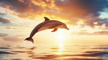 Wall Mural - Dolphin Leaping Through Sunset Waves Over Calm Sea