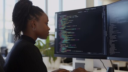 Coder software Engineer typing computer writing code screen displaying digital programming data. AI generated