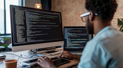 Coder software Engineer typing computer writing code screen displaying digital programming data. AI generated