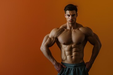 Wall Mural - fit man with a muscular body confidently standing against a solid color background, presenting with 