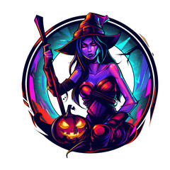 A digital illustration of a witch in a purple and blue neon color scheme, holding a staff and sitting on a jack-o-lantern, surrounded by a circular neon frame.