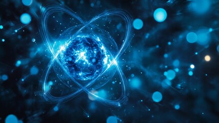 Atoms with blue electricity. Atoms illustration background. Blue atom wallpaper. 