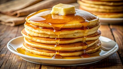 A stack of fluffy golden pancakes drizzled with sweet syrup and topped with a pat of melting butter on a white plate