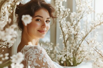 Wall Mural - High-resolution brightly lit photorealistic candid photograph of a beautiful presenter woman in a spa, smiling softly as she is surrounded by calming spa decor and delicate floral arrangements. The