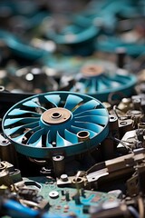 Poster - Intricate arrangement of colorful cooling fans and electronic components in a workshop