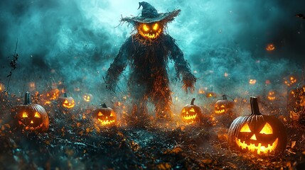 a creepy scarecrow standing in a foggy pumpkin patch with glowing jack-o-lanterns at its feet