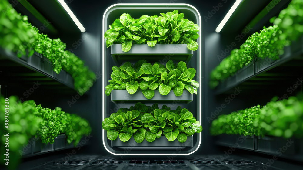 Indoor vertical garden with vibrant green lettuce and leafy plants ...