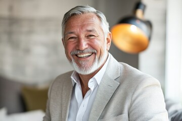 High-resolution brightly lit photorealistic candid photograph of a happy senior businessman captured in a high-end lifestyle magazine style. The light, bright setting enhances his joy.