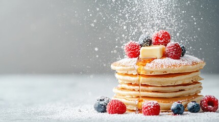 Wall Mural - Delicious pancake stack with fresh berries and maple syrup