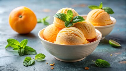 Wall Mural - Refreshing Citrus Ice Cream Scoops with Mint Garnish in White Bowl on a Textured Blue Surface