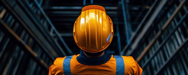 A construction worker stands confidently in a safety helmet, embodying professionalism and dedication amidst a busy construction site