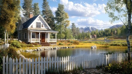 Sticker - Rustic Cabin by the Lake with Mountain Views