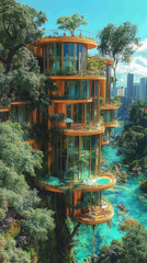 Poster - A futuristic, multi-level treehouse with a pool overlooking a clear blue river.