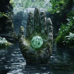 Poster - Mystical hand holding glowing orb in nature