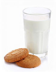 Glass of Milk with Cookies on White Background