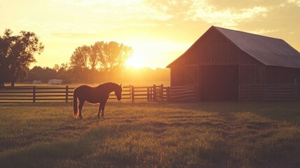 Wall Mural - Silhouetted Horse at Sunset on a Farm