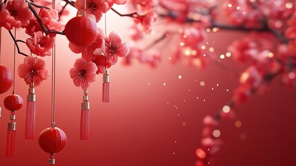 This vibrant Chinese traditional red festival background features beautiful red plum blossoms gracefully positioned in the upper left corner. Complementing the festive atmosphere are delicate 