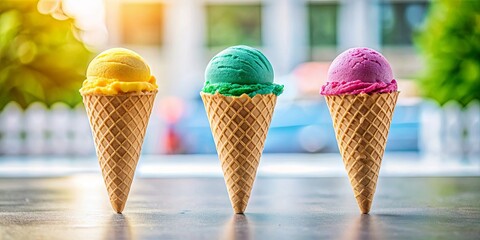 Wall Mural - Three Ice Cream Cones with Different Flavors,  Ready to Be Enjoyed on a Sunny Day